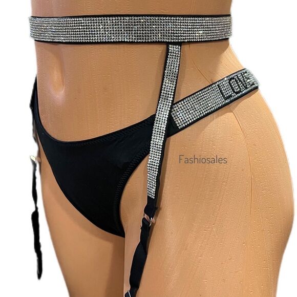 Victorias Secret Rhinestones Shine strap garter belt & Brazilian panty set black - Picture 4 of 8